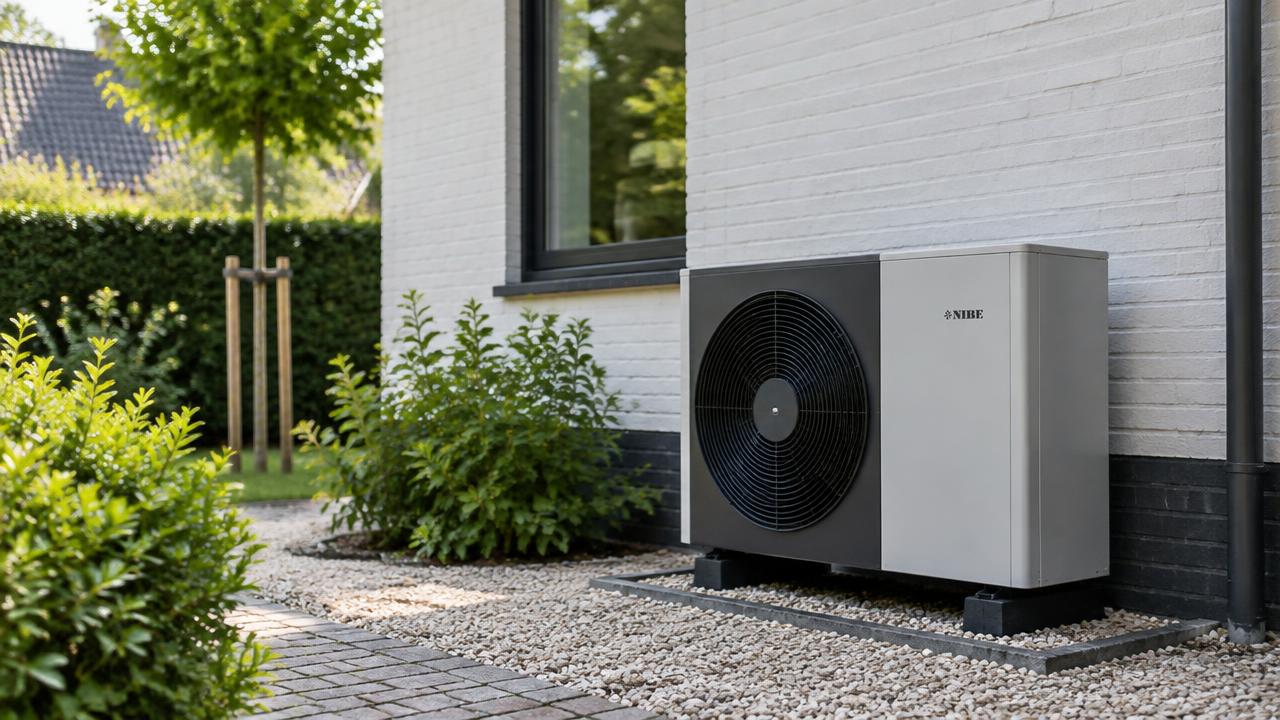 Warmtepomp buitenunit naast een moderne woning