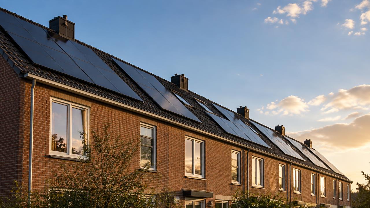 Zonnepanelen op een rijtjeshuis in het avondlicht